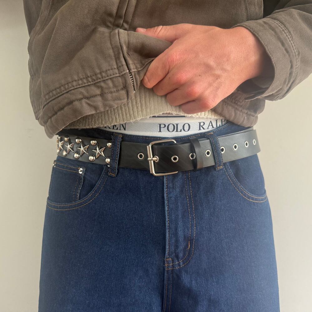 Y2K Black Silver Star Studded Belt Unisex Goth Emo Style 44" Long - Picture 9 of 16